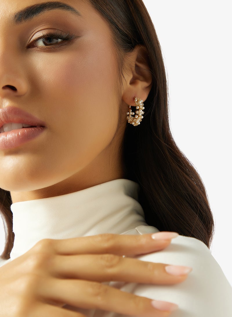Khizana Pearl And Rhinestone Detailed Gold Accent Small Hoop Earrings - Image 3